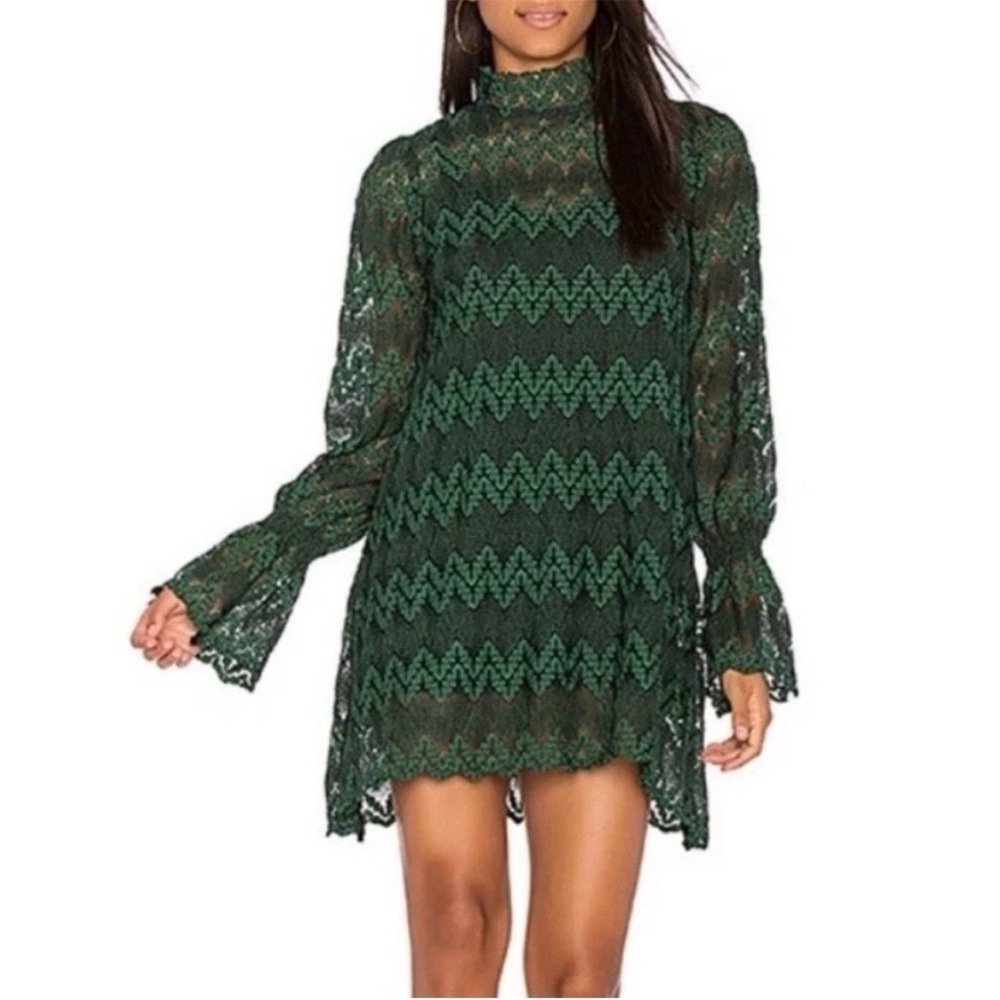 Free People Simone Mock Neck Lace Dress, dark green, size XS boho Regencycore
